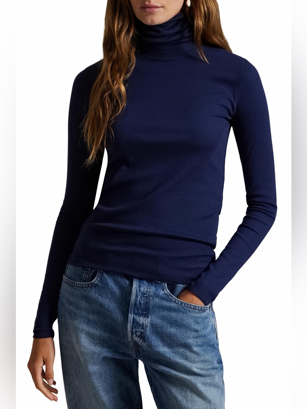 Polo by Ralph Lauren Navy Rib Long Sleeve Turtleneck Top Large